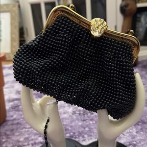 Vintage Black Beaded Evening Bag with ornate clasp
